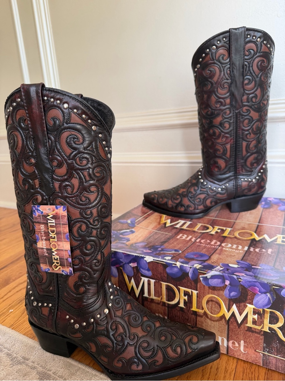 Wildflowers Brown studded Leather Heeled Western Boots